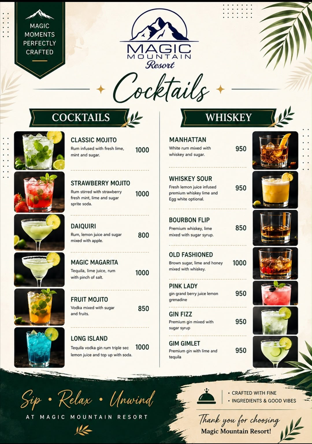 Magic Mountain Resort cocktails and whiskey menu