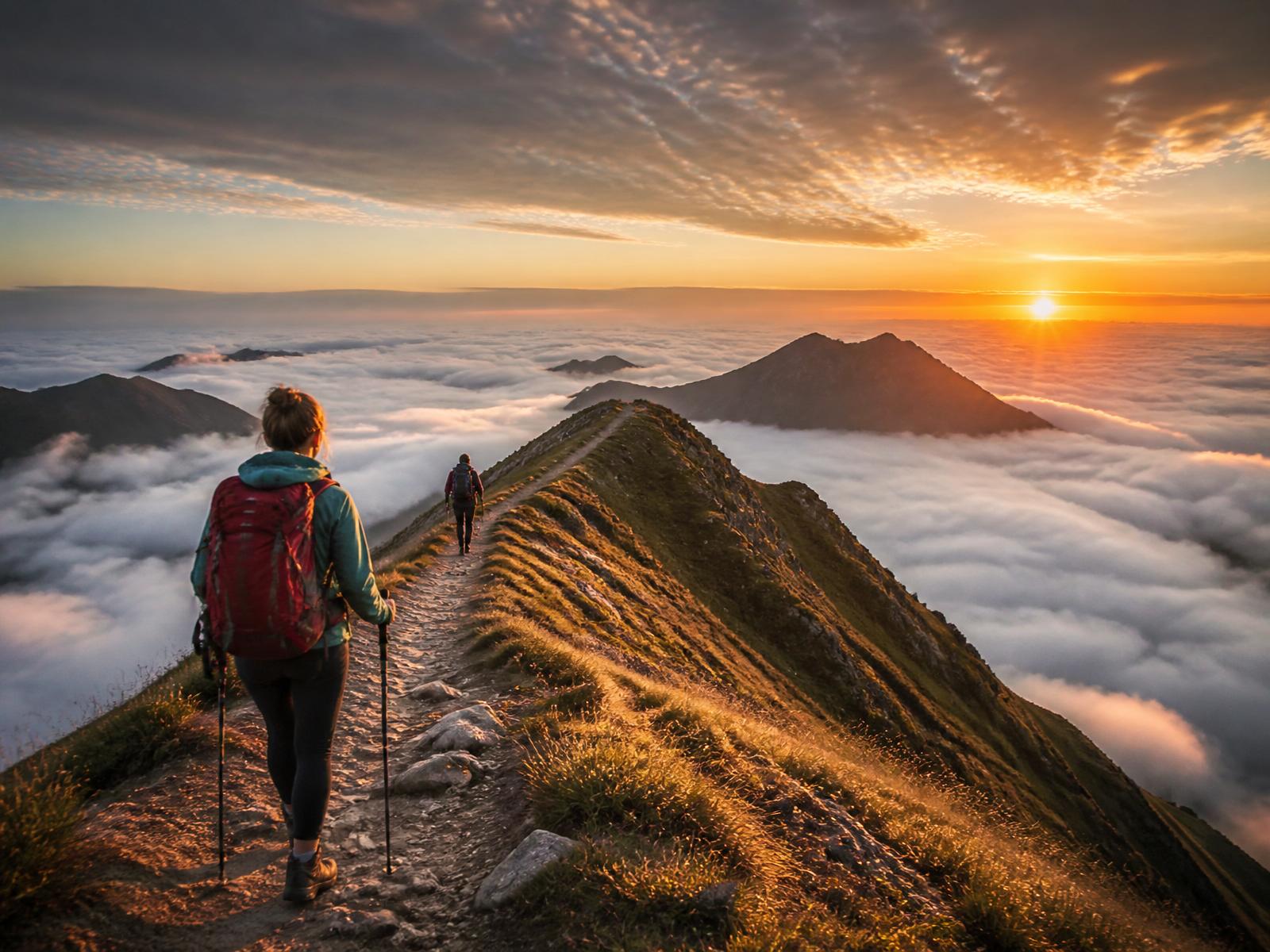 Two hikers on a ridge trail above the clouds at sunrise