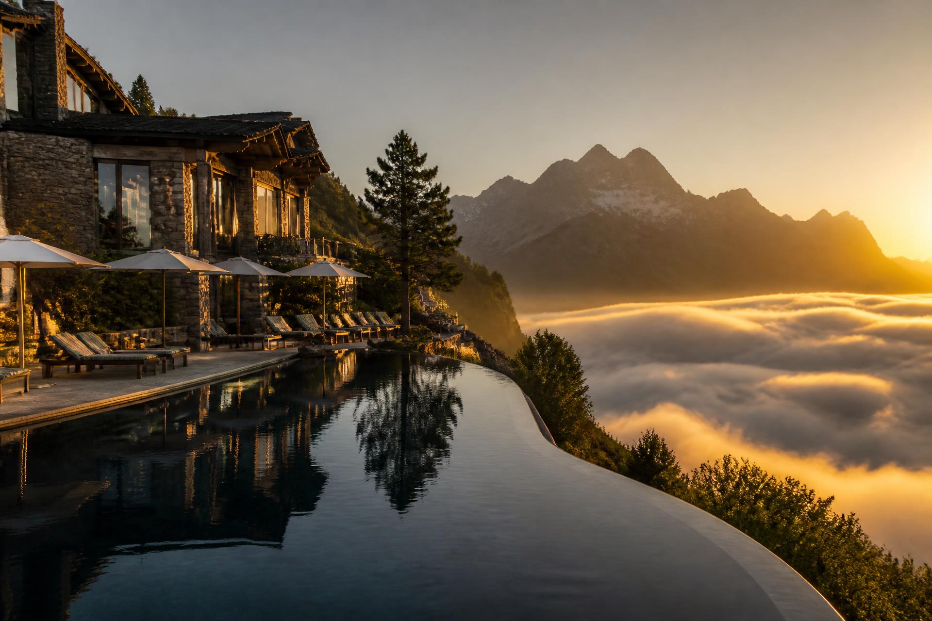 Cliffside infinity pool overlooking clouds at sunrise