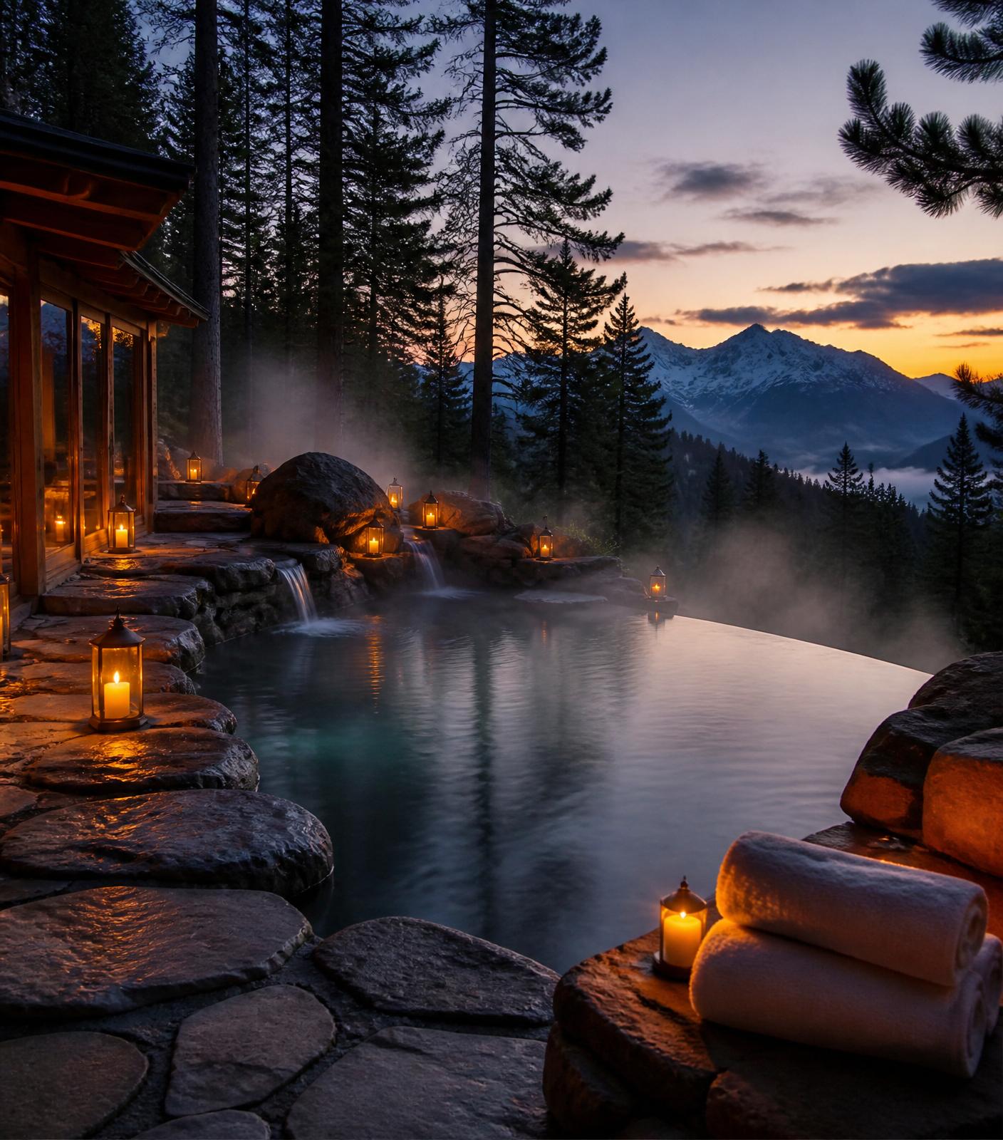 An outdoor thermal pool at dusk with candles and pine trees